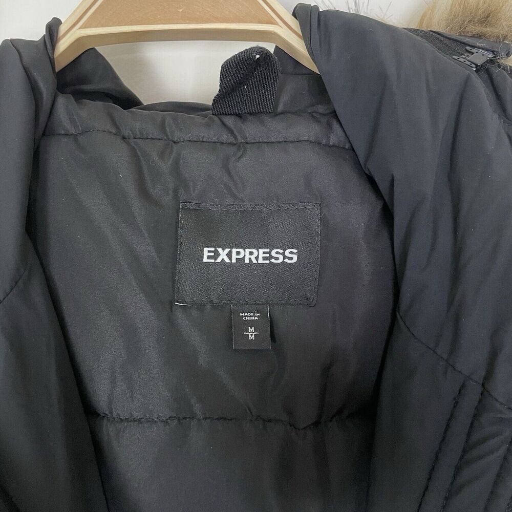Express Womens‎ Puffer Coat Faux Fur Trim Hood Black Medium - Picture 4 of 11